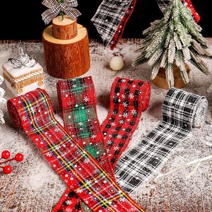 LINGKAI <b>Red</b> Black Tartan Linen Snowflake Buffalo Plaid Wired Christmas <b>Ribbon</b> for Xmas Gift Wrapping - Product Image 1