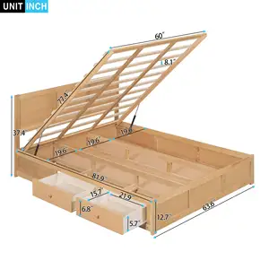 Tempat tidur Platform kayu alami bingkai tempat tidur penyimpanan Modern dengan penyimpanan di bawah & 2 laci untuk dewasa