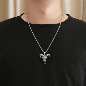 <b>Titanium</b> Steel Bull Head Pendant With Turquoise Inlay Retro Men's Necklace SP939 - Product Image 4