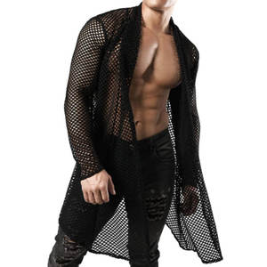 قميص رجالي مثير كبير شال أجوف متوسط الطول سترة شبكة منظور قميص طويل الأكمام - Product Image 3