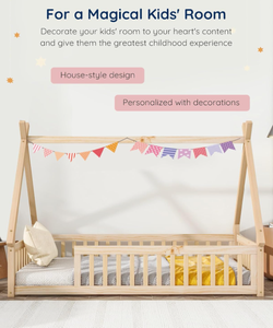 <span class=keywords><strong>โครง</strong></span>เตียงแบบตั้งพื้นพร้อมราวกั้นและหลังคา เตียงเต็นท์ไม้สำหรับเด็ก เด็กหญิง และเด็กชาย ลายธรรมชาติ - Product Image 4