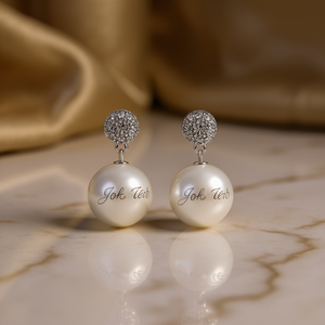 Boucles d'oreilles classiques Jok Teb avec perle de culture blanche de forme ronde AAA, sertissage pavé en argent, pour mariage, bijoux pour femmes - Product Image 2
