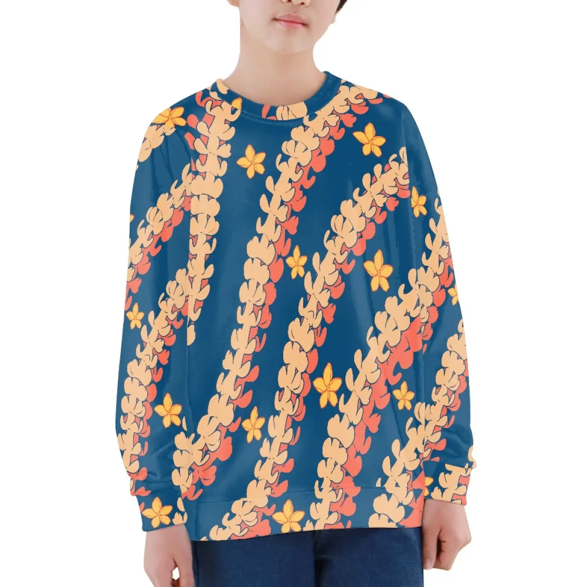 폴리 에스터 코튼 원단 따뜻한 편안한 운동복 Pua 남성 꽃 어린이 라운드 넥 긴 소매 스웨터