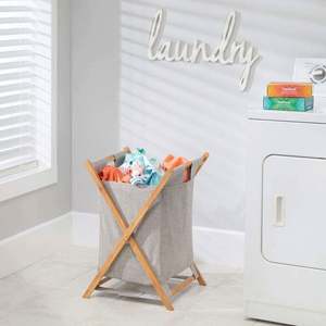 Bamboo <b>Wood</b> <b>Laundry</b> Hamper Sorter Cart, Portable and Collapsible Folding Clothes <b>Basket</b> Storage with Removable Poly/Cotton Liner - Product Image 2