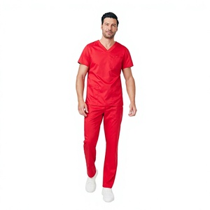 Haut de blouse médicale rouge pour homme, col en V, coton et polyester tissé, uniforme d'hôpital avec poches - Product Image 6