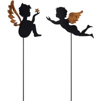Décoration de jardin créative en fer forgé : Ensemble de 2 anges lumineux découpés en forme de piquet pour pot de fleurs et plantes d'extérieur, thermolaqué
