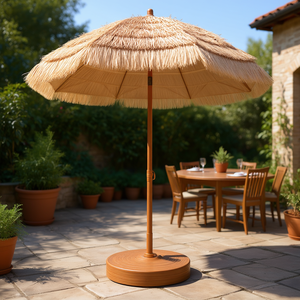 Parasol de terrasse en paille de 7,2 pieds avec mât en bois, inclinaison réglable, base pour jardin, utilisation extérieure en cour - Product Image 2