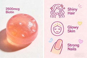 วิตามินกัมมี่สำหรับผู้ใหญ่ OEM บำรุงผม ผิว เล็บ สูตรวีแกน ผสมไบโอติน 2500 ไมโครกรัมต่อหนึ่งหน่วยบริโภค รสสตรอว์เบอร์รี บรรจุ 60 เม็ด อาหารเสริม - Product Image 4