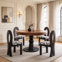 Ensemble de table à manger ronde de style mid-century, table à manger vintage française sur piétement avec chaise à dossier creux et tissu floral capitonné