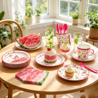Vaisselle de fête d'anniversaire à la pastèque rose, assiettes en papier jetables, gobelets, serviettes, décorations de fête aux fruits d'été