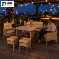 6-teiliges Gartenmöbel-Set aus PE-Rattan-Geflecht, 3-Sitzer-Sofa, 2 Sessel, 2 Ottomanen, Esstisch, braun