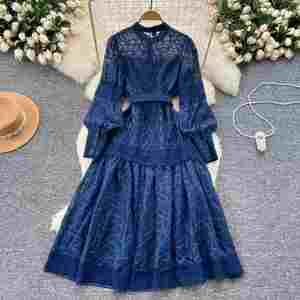 Vestido Maxi Casual de Invierno 2024 para Mujer, Estilo Vintage, Tejido Ecológico, Lavable, con Mangas Farol, Cintura Imperio, Bordado y Encaje, Corte en A - Product Image 4