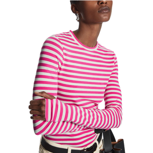 Camisa de manga larga a rayas rosa y blanca para mujer – Camisa informal de manga larga con cuello redondo y corte ajustado – Moda casual premium - Product Image 1