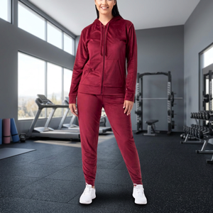 Women's Burgundy Full Zip Hoodie <b>Tracksuit</b> With Side Pockets Casual Autumn Wear Breathable Polyester Sweatshirt And Pants Set - Product Image 3