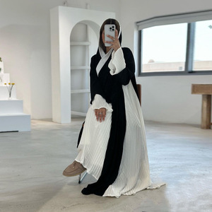 112 Abiti Tradizionali Musulmani del Medio Oriente, Dubai, Turchia, Cardigan Nero-Bianco con Patchwork Plissettato, Abiti Kaftan Musulmani <span class=keywords><strong>Aya</strong></span> - Product Image 2