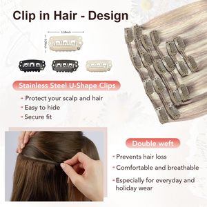 Extensions de <span class=keywords><strong>cheveux</strong></span> indiens à clipser, <span class=keywords><strong>cheveux</strong></span> humains Remy véritables, 120g, 18 pouces, blond cendré, blond décoloré, lisses et soyeux, 6 pièces - Product Image 3
