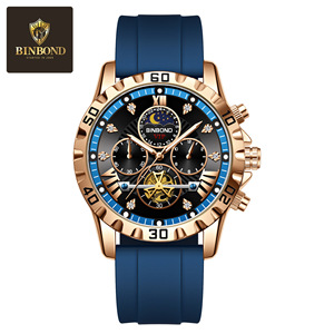 Binbond Men's Mechanical Watch 30M Waterproof Chronograph Moon Phase Luminous Blue Strap Multifunctional Watch - Product Image 5