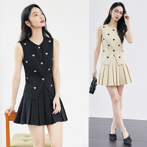 Elegant Heart Shaped Fitted Suit Vest And Pleated Mini Skirt Set For Women Summer Casual Outfit Sleeveless Crepe Fabric - Product Image 1