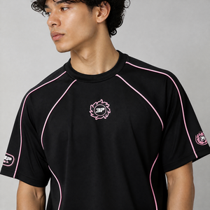 Ensemble de survêtement athlétique personnalisé Yingling, short en jersey <span class=keywords><strong>noir</strong></span>, t-shirt ample streetwear à manches raglan avec passepoil contrastant, t-shirt oversize pour homme - Product Image 2