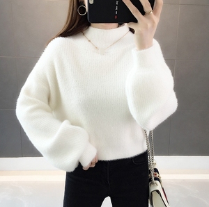 Nuevo Suéter Corto de Moda para Mujer Otoño Invierno con Cuello Alto, <span class=keywords><strong>Manga</strong></span> <span class=keywords><strong>Abullonada</strong></span>, Forro Polar Esponjoso, Holgado, Casual, de <span class=keywords><strong>Punto</strong></span> y Cálido - Product Image 2