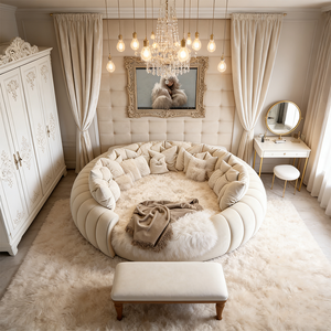 <span class=keywords><strong>Cama</strong></span> Redonda <span class=keywords><strong>de</strong></span> Lujo Moderna Italiana, Estilo Puff Crema Suave, Tamaño King, Muebles Tapizados para Dormitorio Principal, Hotel, Estilo Princesa - Product Image 1