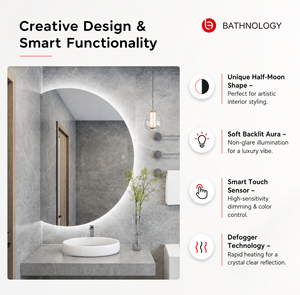 Specchio LED Intelligente a Mezza Luna per Bagno, Senza Cornice, Retroilluminato con Interruttore Touch, Illuminato - Product Image 2