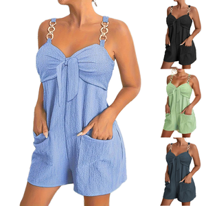 Mono sin mangas de color liso para mujer con bolsillos, tirantes finos, corte holgado por encima de la rodilla, atuendo informal de verano - Product Image 1