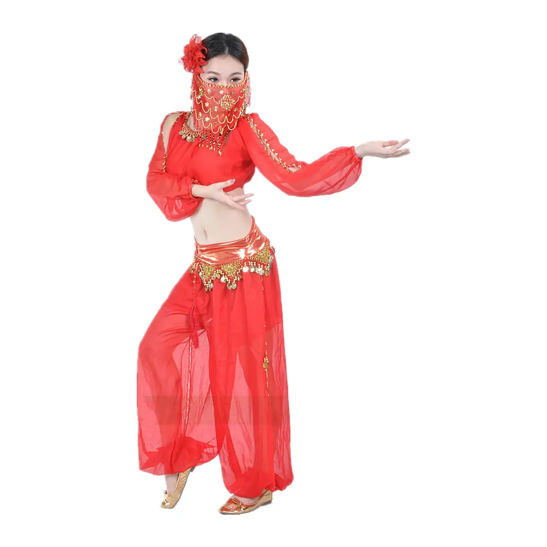 Belly Dance Phụ Kiện Khiêu Vũ Voan Đính Cườm Đồng Xu Mặt Mạng Che Mặt Trang Phục Nhẫn Knickerbockers Bộ Dài Tay