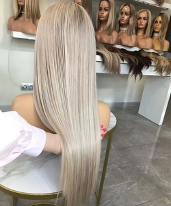 Perruques en cheveux humains européens en gros pour femmes blanches, <span class=keywords><strong>blond</strong></span> <span class=keywords><strong>platine</strong></span> avec mèches, dentelle transparente, sans colle, prêtes à porter - Product Image 2