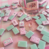 Set Ubin Mahjong Amerika Mewah Bow and Bloom 160 Ubin, Akrilik Premium, Motif Marmer Mint, Koleksi Desainer Bunga Pink