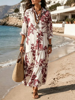 Robe chemise ample à manches longues, imprimé floral numérique, style bohème, écologique et lavable, collection Printemps 2026