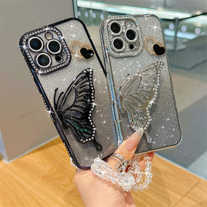 Phụ Nữ Sang Trọng <span class=keywords><strong>Bling</strong></span> Kim Cương Long Lanh Bướm Trường Hợp Điện Thoại Cho Iphone 16 Pro Max 15 14 13 12 11 Mềm TPU Bìa Với Chuỗi - Product Image 2