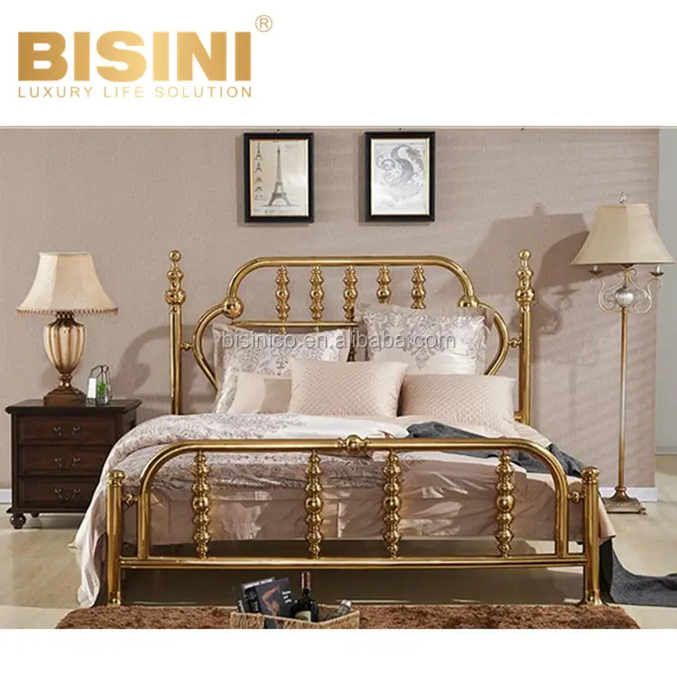 BISINI 골동품 스타일 사치스러운 빈티지 황동 더블 침대 밝은 골드 연마 우수한 침실 가구
