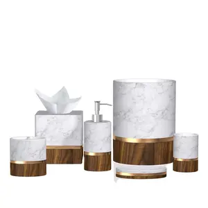 Water Transfer Marble effect Resin Bathroom Accessories Set with Faux Wood base