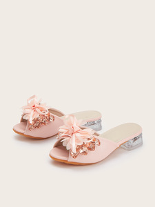 Chaussures <span class=keywords><strong>à</strong></span> talons hauts pour filles, nouvelle collection printemps 2026, plateforme haute, dentelle florale, fleurs en cristal, pantoufles décontractées pour enfants - Product Image 4