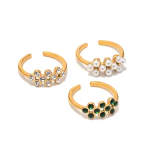 18K Gold Plated 3A White and Green Zirconia Exquisite Peal Inlaid Open Rings Fashion Jewelry Retro Style Ring