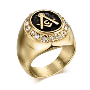 个性男士金共济会不锈钢戒指AG共济会符号珠光钻石图章戒指