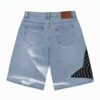 Celana Pendek Denim Pria 14oz Model Straight Leg Custom, Aksen Patchwork Bintang, Efek Acid Wash, Baggy, Bernapas, Cocok untuk Musim Panas, Streetwear, Cargo, Produsen OEM