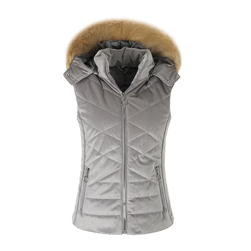 卸売冬ベロアダウンジャケットグレーフード付きコットンレディースファッションロングベスト女性