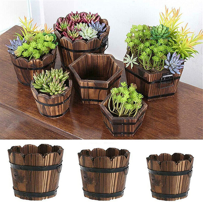 Rustic Wavy Wooden Bucket Barrel Planter Box for Indoor Plants & Succulents - View 5
