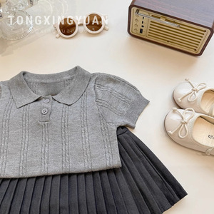 Girls Knitted Short Sleeve Polo Shirt And Pleated Skirt Set Gray Cotton Summer Outfit For Children - Product Image 1