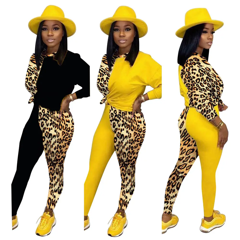 FS9476D women Leopard Printed Sets Club Wear contrast color 2 Piece Pant Suit