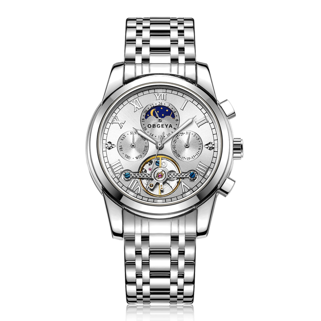 OBGEYA 6009 New Luxury Waterproof Stainless Steel Men Power Reserve Mechanical Watch Tourbillon Automatic Watch