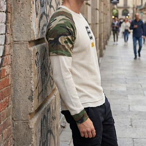 맞춤형 남성 빈티지 헤비웨이트 긴팔 크루넥 100% 면 이중 레이어 루즈핏 기하학 패턴 티셔츠 - Product Image 2