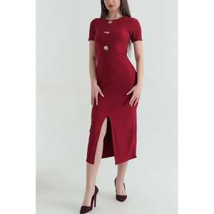 Elegante Vestido Tubo con Cuello Redondo, Manga Media, Cintura Natural y Detalle de Abertura para Noche - Product Image 2