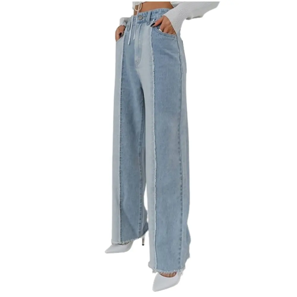 Blauwkleurige Zoom-Rechte Jeans Ademende Hoge Taille Zakken Loszittende Color-Block Patchwork Denim Broek Broek Met Wijde Pijpen