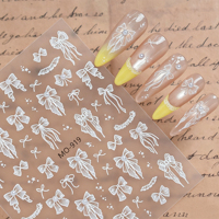 Autocollants 3D en relief pour ongles, motif nœud en dentelle blanche, jupe à volants à la française, perles décoratives, vente en gros