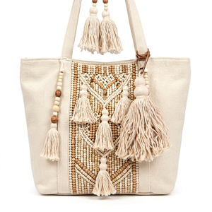 Sac fourre-tout bohème à perles avec pompons, sac à bandoulière en toile de coton pour femme, sac à main style bohème - Product Image 1