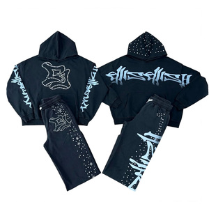 Bộ đồ thể thao đường phố cá tính màu đen, kiểu dáng rộng, đã qua xử lý làm cũ, in hình, đính đá, gồm áo hoodie và quần jogger - Product Image 3