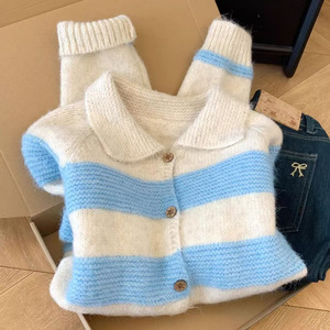 Women's Color Block Striped Lapel Knit <b>Cardigan</b> Autumn Korean Style Anti-Pilling Sweater Coat - Product Image 1